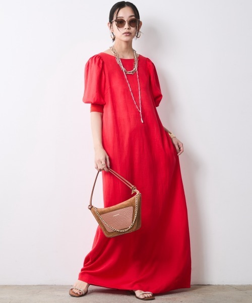 CHIC STYLE(シックスタイル)の「レーヨン麻パフスリーブロングワンピース<大きいサイズ有>シックスタイル(ワンピース・レディース・ブラック/レッド・3L/LL/L/M/5L/4L)」の3枚目の写真