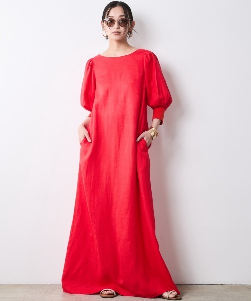 CHIC STYLE(シックスタイル)の「レーヨン麻パフスリーブロングワンピース<大きいサイズ有>シックスタイル(ワンピース・レディース・ブラック/レッド・3L/LL/L/M/5L/4L)」の14枚目の写真
