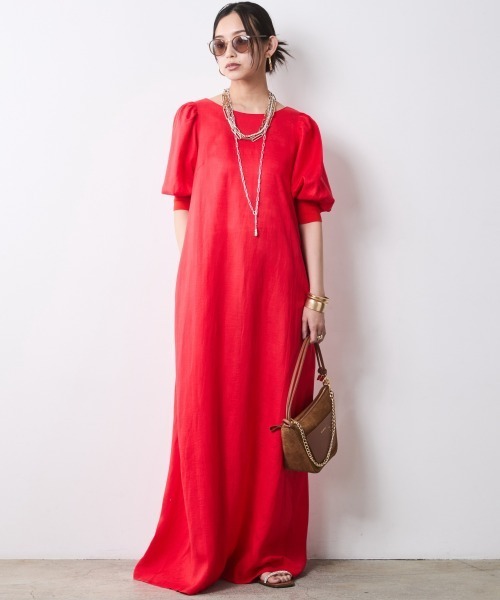 CHIC STYLE(シックスタイル)の「レーヨン麻パフスリーブロングワンピース<大きいサイズ有>シックスタイル(ワンピース・レディース・ブラック/レッド・3L/LL/L/M/5L/4L)」の12枚目の写真
