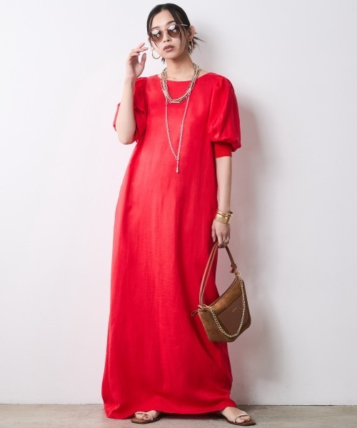 CHIC STYLE(シックスタイル)の「レーヨン麻パフスリーブロングワンピース<大きいサイズ有>シックスタイル(ワンピース・レディース・ブラック/レッド・3L/LL/L/M/5L/4L)」の6枚目の写真