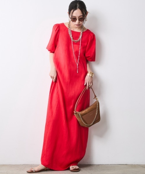 CHIC STYLE(シックスタイル)の「レーヨン麻パフスリーブロングワンピース<大きいサイズ有>シックスタイル(ワンピース・レディース・ブラック/レッド・3L/LL/L/M/5L/4L)」の7枚目の写真