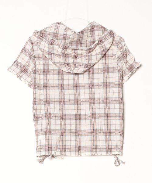 Vini(ヴィニ)の「チェック柄 クロップド丈 半袖フーディーシャツ(Tシャツ/カットソー・レディース・アイボリー/ネイビー・MEDIUM)」の5枚目の写真
