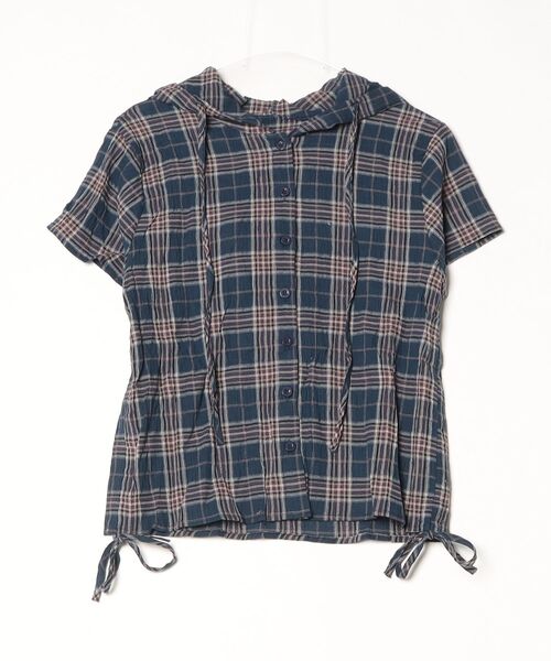 Vini(ヴィニ)の「チェック柄 クロップド丈 半袖フーディーシャツ(Tシャツ/カットソー・レディース・アイボリー/ネイビー・MEDIUM)」の4枚目の写真