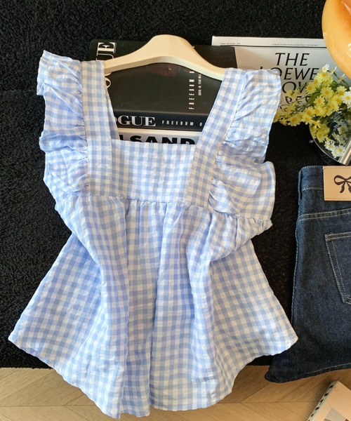LUCPY(ラクピー)の「ギンガムチェックフリルスリーブブラウス(シャツ/ブラウス・レディース・イエロー/ブルー・SMALL/MEDIUM/LARGE)」の1枚目の写真