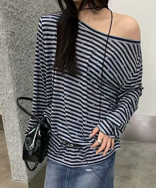 HALEY PESCA（ヘーリーペスカ）の「HALEY PESCA/【星柄×ボーダー】ワンショルダーカットソー ベルト付き（Tシャツ/カットソー・レディース・ホワイト/ブラック/ネイビー・FREE）」の2枚目の写真