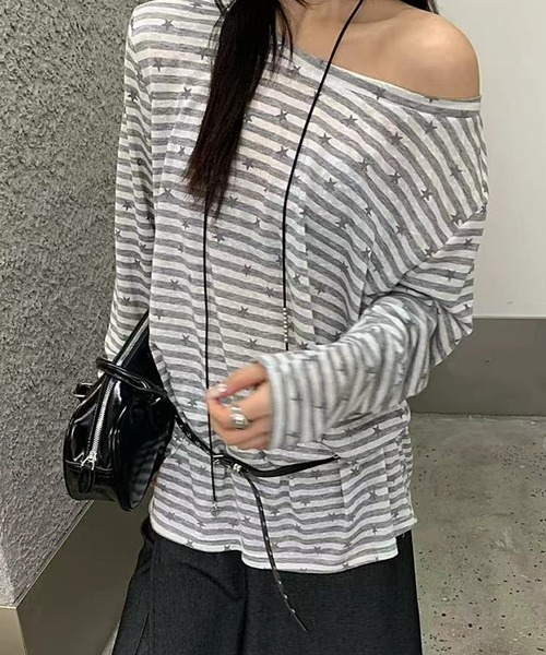 HALEY PESCA（ヘーリーペスカ）の「HALEY PESCA/【星柄×ボーダー】ワンショルダーカットソー ベルト付き（Tシャツ/カットソー・レディース・ホワイト/ブラック/ネイビー・FREE）」の10枚目の写真