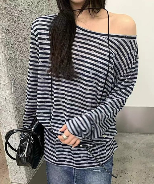 HALEY PESCA（ヘーリーペスカ）の「HALEY PESCA/【星柄×ボーダー】ワンショルダーカットソー ベルト付き（Tシャツ/カットソー・レディース・ホワイト/ブラック/ネイビー・FREE）」の4枚目の写真
