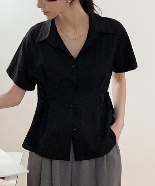 AMAJI(アマジ)の「ウエストリボン 半袖 ボタンシャツ(シャツ/ブラウス・レディース・ライトピンク/ブラック/ホワイト・FREE)」の6枚目の写真