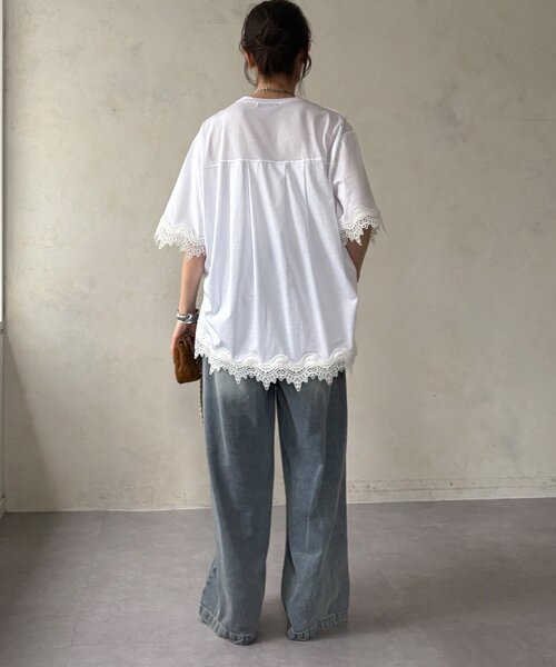 DouDou(ドゥドゥ)の「【WEB限定】レーストリムトップス(Tシャツ/カットソー・レディース・ブラック/ホワイト・FREE)」の7枚目の写真