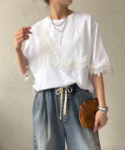 DouDou(ドゥドゥ)の「【WEB限定】レーストリムトップス(Tシャツ/カットソー・レディース・ブラック/ホワイト・FREE)」の8枚目の写真