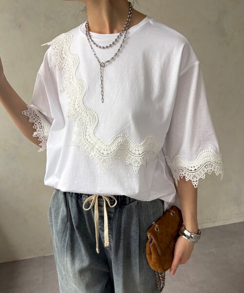 DouDou(ドゥドゥ)の「【WEB限定】レーストリムトップス(Tシャツ/カットソー・レディース・ブラック/ホワイト・FREE)」の9枚目の写真