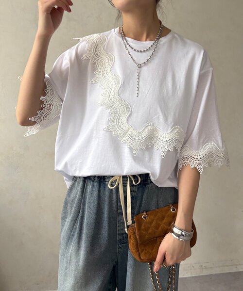DouDou(ドゥドゥ)の「【WEB限定】レーストリムトップス(Tシャツ/カットソー・レディース・ブラック/ホワイト・FREE)」の10枚目の写真