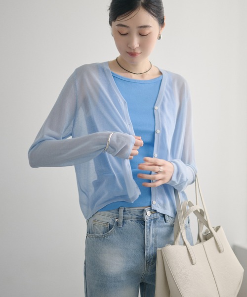 LAULEN（ローレン）の「sheer v neck cardigan /シアーVネックカーディガン（カーディガン/ボレロ・レディース・レッド/オレンジ/ブルー/ピンク/グリーン・FREE）」の6枚目の写真