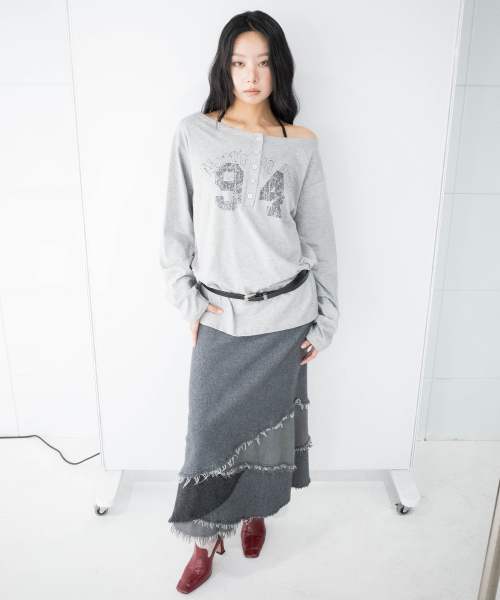 CHICKS(チックス)の「ノッティングヒル ヘンリーネック ワンショルダー 長袖 メランジ(Tシャツ/カットソー・レディース・ライトグレー・ONE SIZE)」の3枚目の写真