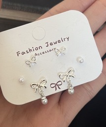 【MASHIRO】リボン＆アクリルパールドロップデザインピアス6点セット(MA/EK615)