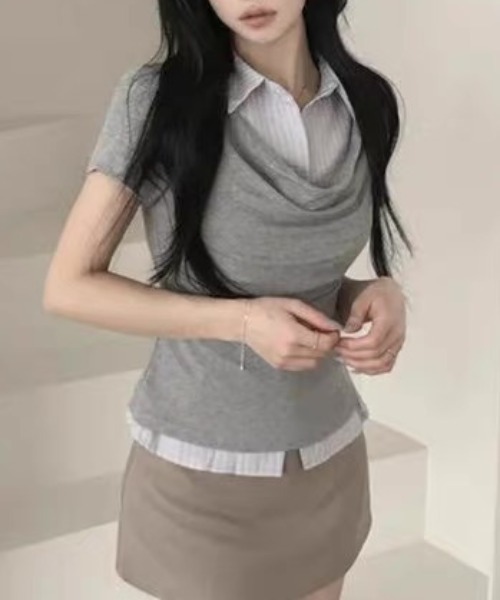 ViViDAY(ビビデー)の「レイヤード風半袖ポロtシャツ(Tシャツ/カットソー・レディース・ダークグレー/ライトグレー/ブラック・M)」の7枚目の写真