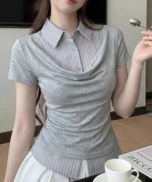 ViViDAY(ビビデー)の「レイヤード風半袖ポロtシャツ(Tシャツ/カットソー・レディース・ダークグレー/ライトグレー/ブラック・M)」の12枚目の写真