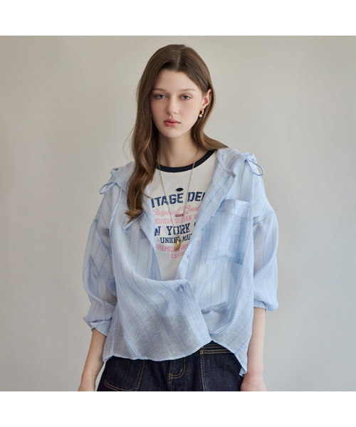 MAXZA(マージャコレクション)の「ストライプシアルーズフィットフードシャツ(シャツ/ブラウス・レディース・ブルー/バイオレット・FREE)」の2枚目の写真