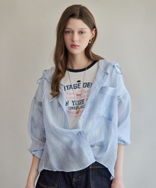 MAXZA(マージャコレクション)の「ストライプシアルーズフィットフードシャツ(シャツ/ブラウス・レディース・ブルー/バイオレット・FREE)」の3枚目の写真
