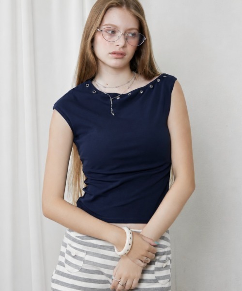 Rohwel(ローウェル)の「Eyelet Stretch Top / アイレットストレッチトップ(タンクトップ・レディース・ネイビー/ホワイト/ブラック・FREE)」の15枚目の写真