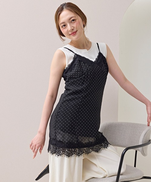 en CAnAF(エンカナフ)の「【トレンド感をプラス】シアードット レース付きキャミワンピース セットアップ対応(キャミソール・レディース・オフホワイト/ブラック・フリー)」の2枚目の写真