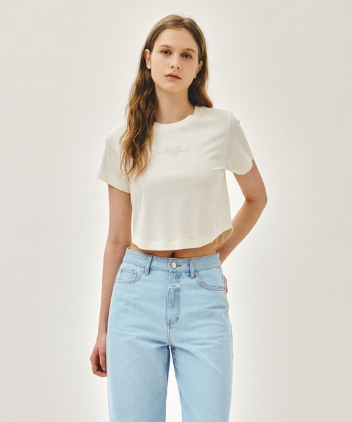 MARITHE + FRANCOIS GIRBAUD(マリテフランソワジルボー)の「W SILVER LETTERING CROP TEE(Tシャツ/カットソー・レディース・ピンク/アイボリー/チャコール・SMALL/MEDIUM)」の1枚目の写真