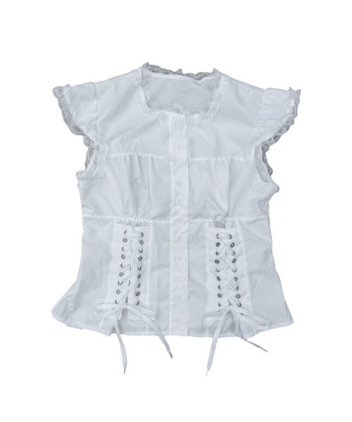 Never mind the XU / Chikashitsu+(ネバーマインド ザ エックスユー / チカシツプラス)の「【nmtc+】Eyelet Lace Shirring Crop Blouse / 【エヌエムティーシープラス】アイレットレースアップシャーリングクロップドフリルブラウス(シャツ/ブラウス・レディース・ホワイト・ONE SIZE)」の19枚目の写真