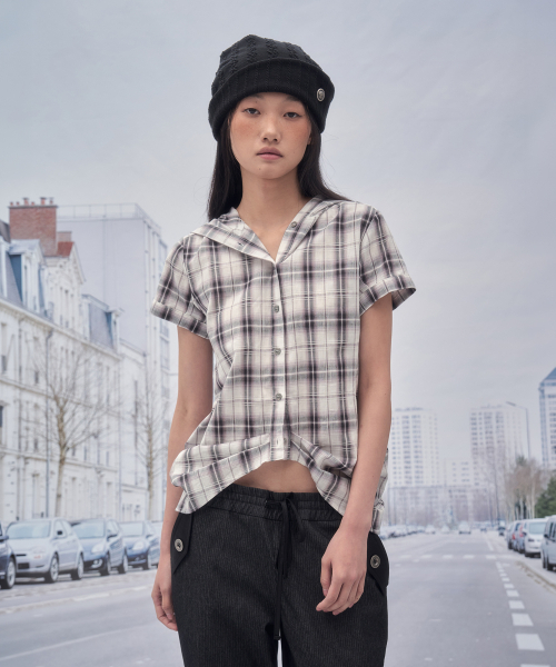 SOMSOC(ソムソック)の「RIA HOODED BALLOON CHECK HALF SHIRT_WHITE(シャツ/ブラウス・レディース・その他・FREE)」の3枚目の写真