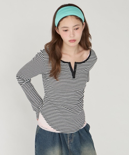 Unblend(アンブレンド)の「【Unblend】パターンメッシュ ヘンリーネック アソートロンT(Tシャツ/カットソー・レディース・グレー系/チャコール/杢グレー/ブラック系/プラム/オフホワイト/ホワイト系・FREE)」の12枚目の写真