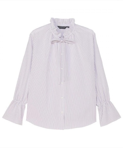 TOKYO SHIRTS(トウキョウシャツ)の「【吸水速乾】【COFREX】 フリルリボン ブラウス 長袖 レディースデザインシャツ(シャツ/ブラウス・レディース・パープル・LL/L/M)」の1枚目の写真