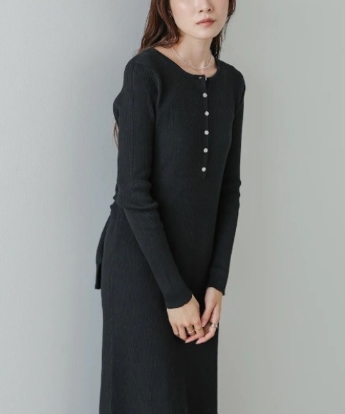 Bab(バブ)の「【選べるサイズ展開】レイヤード風ウエスト結びリブニットワンピース(ワンピース・レディース・モカ/グレー/ブラック・MEDIUM/SMALL)」の1枚目の写真