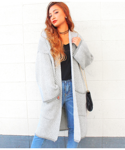 Chille anap(チルアナップ)の「ヘリンボンニットカーディガン(カーディガン/ボレロ・レディース・グレー/ブラック/ベージュ・FREE)」の1枚目の写真