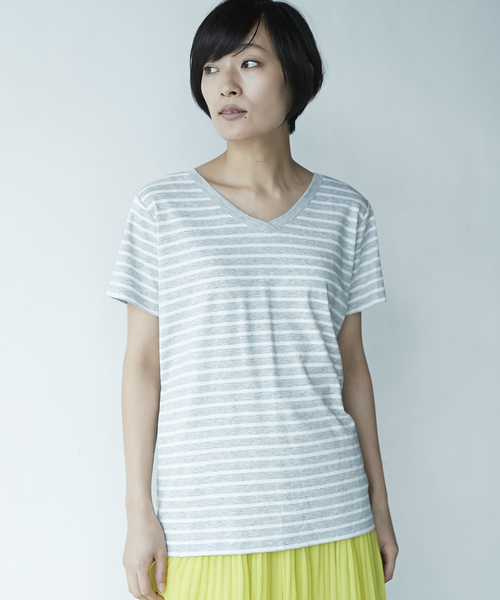 AMERICAN HOLIC（アメリカンホリック）の「・60新彊綿スムースボーダーVネックTシャツ★（Tシャツ/カットソー・レディース・ピンク/ブルー/杢グレー/ブラック・L/M）」の2枚目の写真