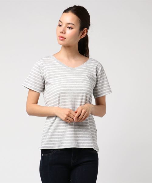 AMERICAN HOLIC（アメリカンホリック）の「・60新彊綿スムースボーダーVネックTシャツ★（Tシャツ/カットソー・レディース・ピンク/ブルー/杢グレー/ブラック・L/M）」の15枚目の写真