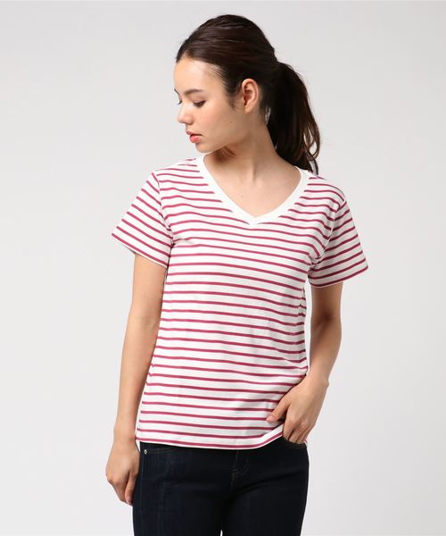 AMERICAN HOLIC（アメリカンホリック）の「・60新彊綿スムースボーダーVネックTシャツ★（Tシャツ/カットソー・レディース・ピンク/ブルー/杢グレー/ブラック・L/M）」の4枚目の写真