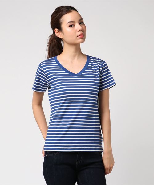 AMERICAN HOLIC（アメリカンホリック）の「・60新彊綿スムースボーダーVネックTシャツ★（Tシャツ/カットソー・レディース・ピンク/ブルー/杢グレー/ブラック・L/M）」の3枚目の写真