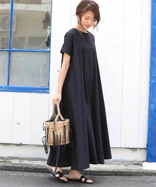 M y u（ミュー）の「リネンライク♪贅沢フレアワンピ（ワンピース・レディース・ベージュ/ブラック・FREE）」の5枚目の写真