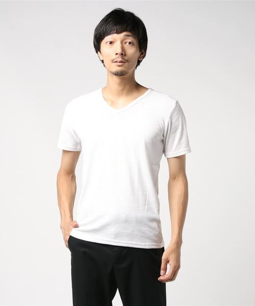PARKS TOKYO SELECT(パークストウキョウセレクト)の「【BS】ABスラブスパンフライス Vネック カットソー(Tシャツ/カットソー・メンズ・ホワイト/ブラック/杢グレー・MEDIUM/LARGE)」の2枚目の写真