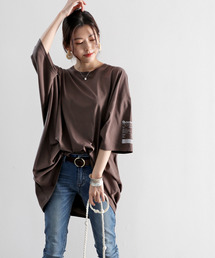 レシート オーバーサイズ ロング丈ワンポイントクルーネックロゴビッグTシャツ(半袖)