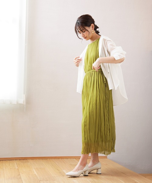 ENNEA（エンネア）の「【手洗いできる】サイドリボン・シフォン楊柳シワ加工カラーワンピース（ワンピース・レディース・ブラック/オレンジ/アイボリー/ライトグリーン・38）」の6枚目の写真