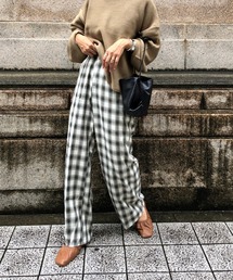 Check design straight wide pants