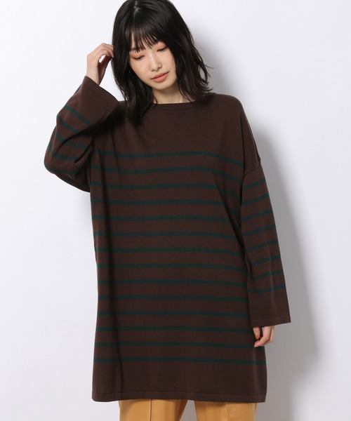 LAKOLE(ラコレ)の「12Gバトーネックボーダー柄ニットチュニック / 217543(ニット/セーター・レディース・ブラウン/アイボリー/ライトベージュ・SMALL/MEDIUM)」の1枚目の写真