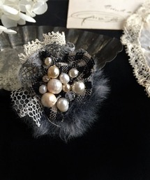 【malle la brocante/マルラブロカント】アンティークレースと裂き布とフェイクファーのふんわりデコレーションリング