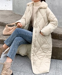 フェイクファー衿キルティングロングコート