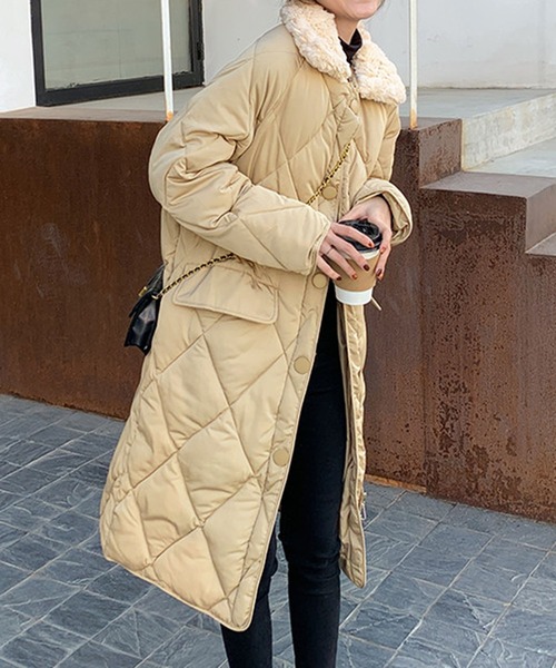 セール】フェイクファー衿キルティングロングコート（ダウンジャケット