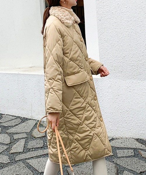 セール】フェイクファー衿キルティングロングコート（ダウンジャケット
