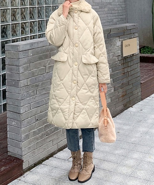セール】フェイクファー衿キルティングロングコート（ダウンジャケット