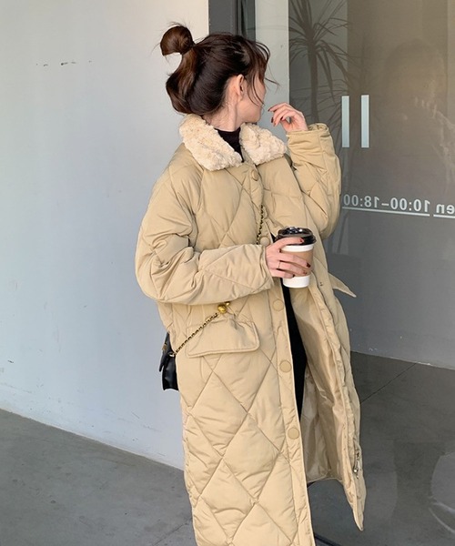 セール】フェイクファー衿キルティングロングコート（ダウンジャケット