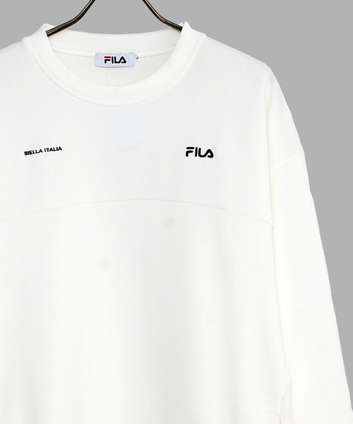 FILA(フィラ)の「FILA/フィラ ダンボールニット ワンポイント ロゴ刺繍 ビックシルエット ドロップショルダー ワッフル切替 トレーナー プルオーバー(スウェット・メンズ・ブラック/ベージュ/オフホワイト・LL/M/L)」の2枚目の写真
