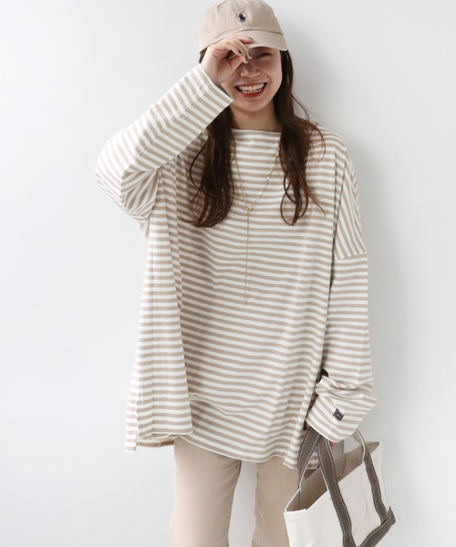 wiffle（ウィッフル）の「《追加》別注【WIFFLE/ウィッフル】*RELUME BIG BORDER TEE：ボーダーTシャツ◆（Tシャツ/カットソー・レディース・ブラック/ベージュ/グレー/サックスブルー/グリーン・FREE）」の3枚目の写真